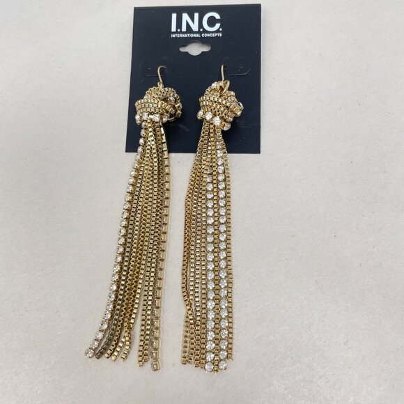 Inc Chain‎ Tassel Earrings 4.5" Rhinestone Dangle New Gold-Tone Linear Drop Pave - Picture 1 of 7